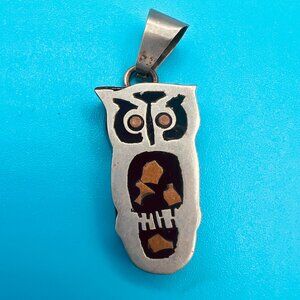 Sterling, Onyx and Copper Vintage Owl Pendant